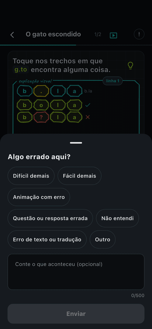 Lição aberta com a folha Algo errado aqui? e os motivos: difícil demais, fácil demais, animação com erro, questão ou resposta errada, não entendi, erro de texto ou tradução e outro